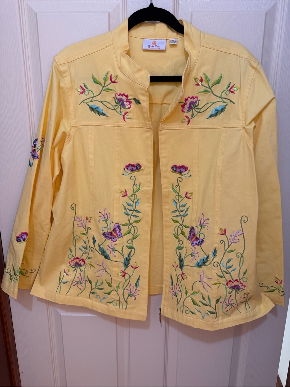 Quacker Factory Yellow Embroidered Floral Open Jacket
